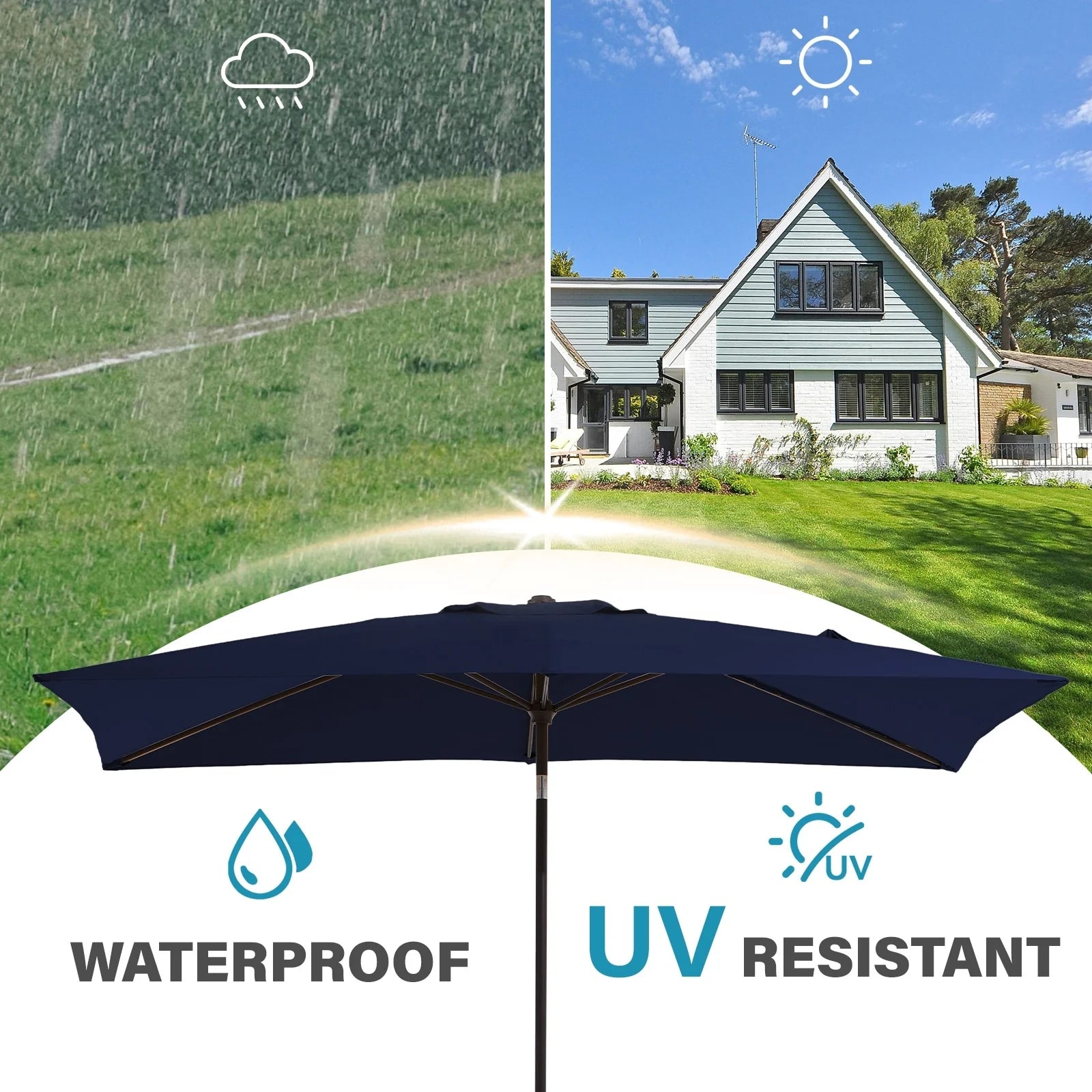 JEAREY 6.5*10ft Rectangular Patio Market Umbrella with Crank & Tilt, UV & Water-Resistant Canopy Navy Blue