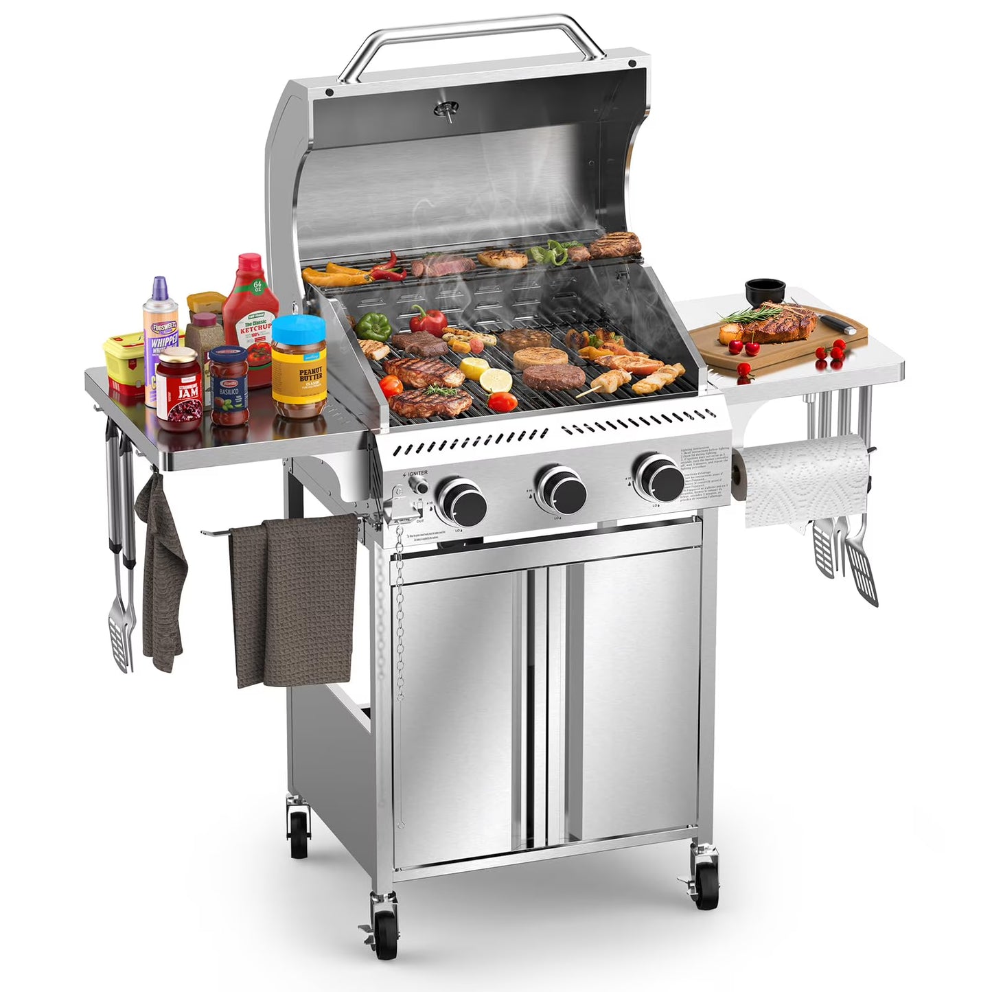 LHRIVER Stainless Steel BBQ Grill, 3 Burner Propane Gas Grill with Side Burner for Outdoor Cooking Patio Backyard