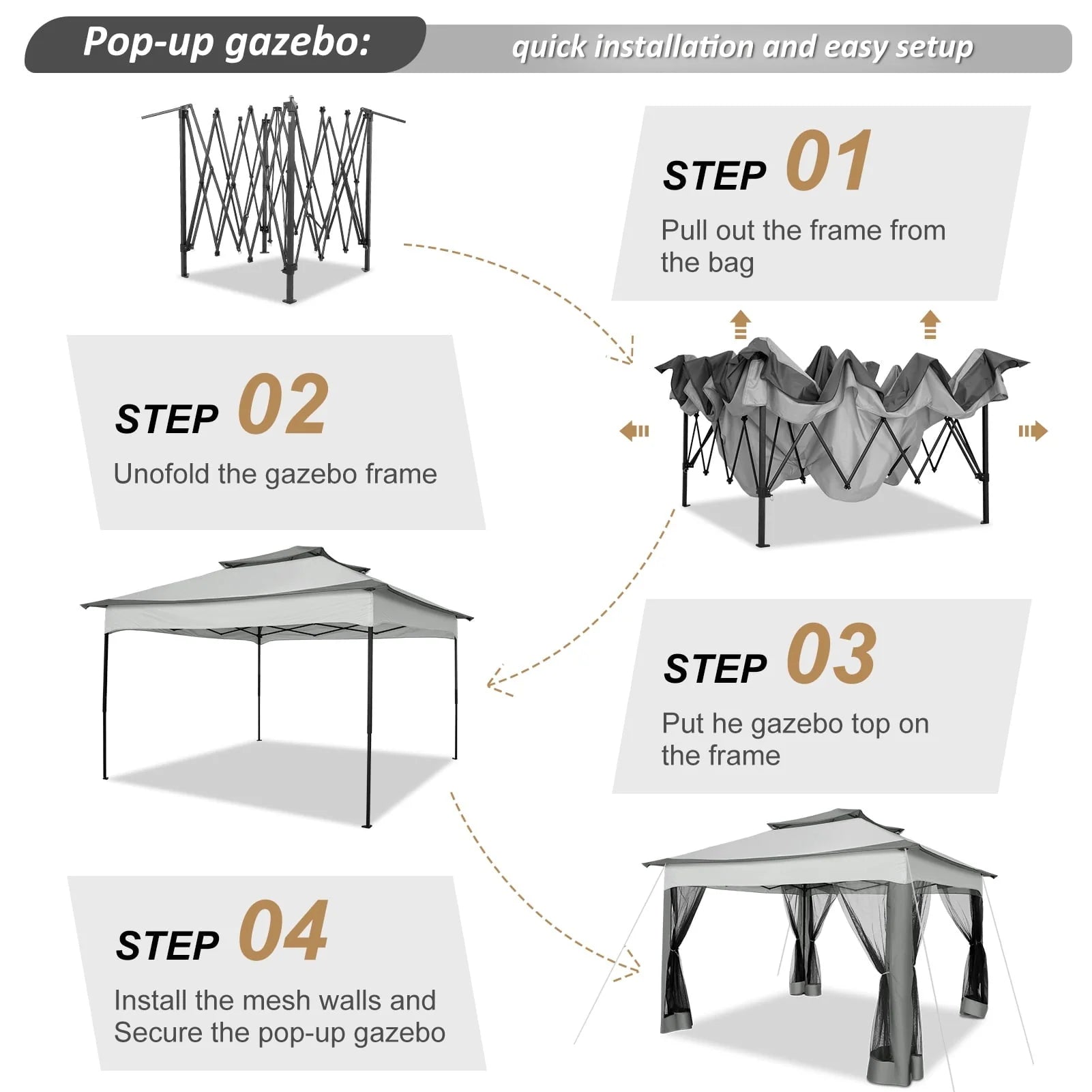 SANOPY 11 x 11 ft Outdoor Patio Gazebo with Ventilated Double Roof and Mosquito Net, Pop up Steel Gazebo Tent for Patios, Backyard, Garden and Beach