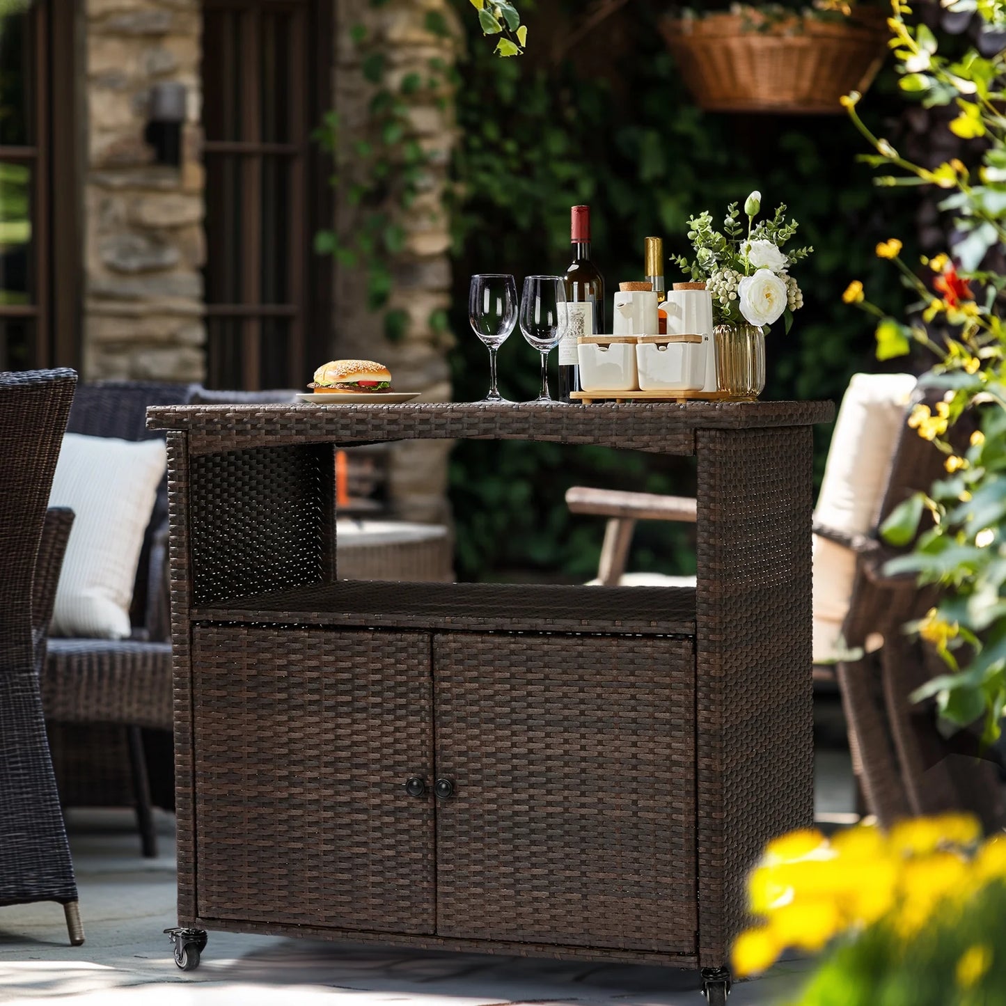 Zimtown Outdoor Patio Ratten Bar Counter Table w/Handrai and 2 Doors, 4 Wheel Water-proof Wicker Bar Table, Storage Cabinet Cart, Brown