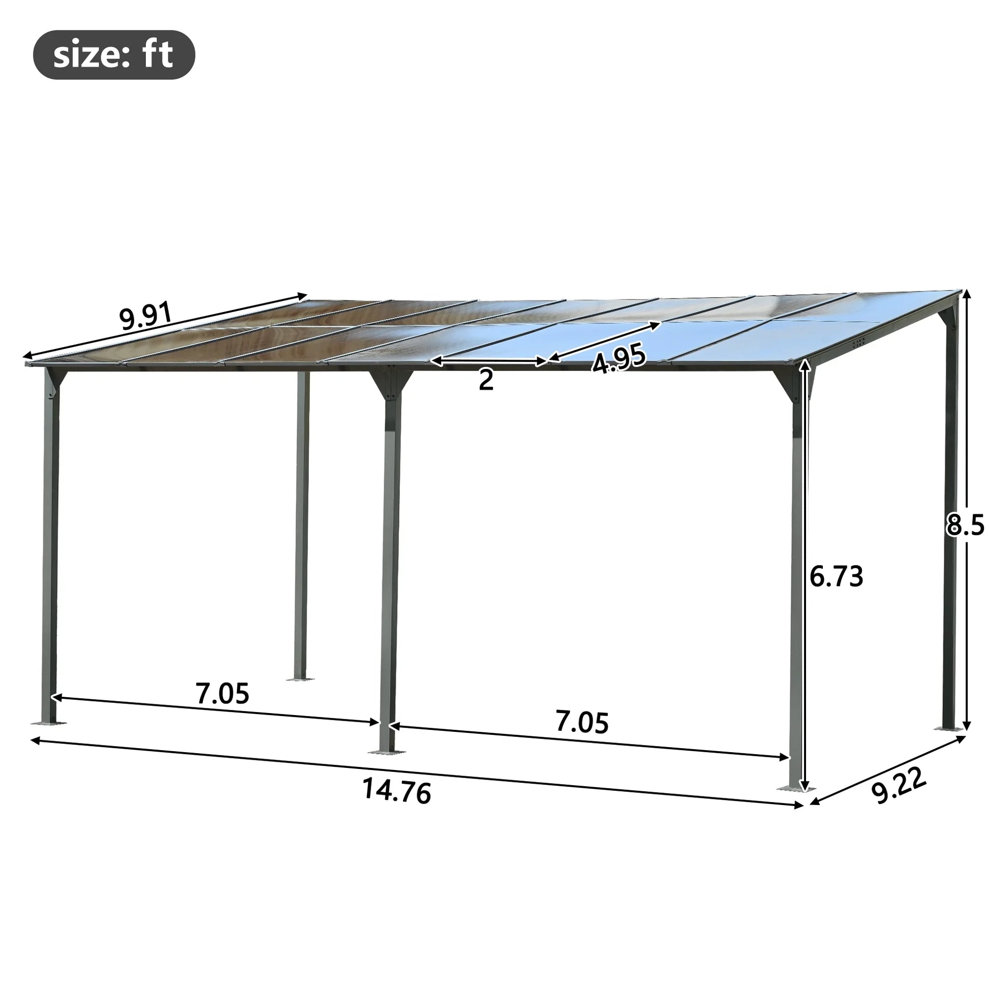 14.76 x 9.22 FT Wall Mounted Gazebo, Patio Pergola Lean to Awning with PC Roof Panels, Outdoor Metal Gazebo with Powder-Coated Iron Frame, Shelter for Deck, Garden, Backyard, Gray
