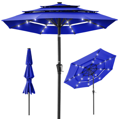 Best Choice Products 10ft 3-Tier Solar Patio Umbrella w/24 LED Lights, Tilt Adjustment, Easy Crank - Tan