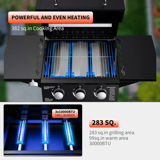 3-Burner Propane Gas Grill with 2 Foldable Side Tables, 30,000 BTU Outdoor BBQ Grill, Built-in Thermometer, Easy Assembly for Patio, Backyard BBQ