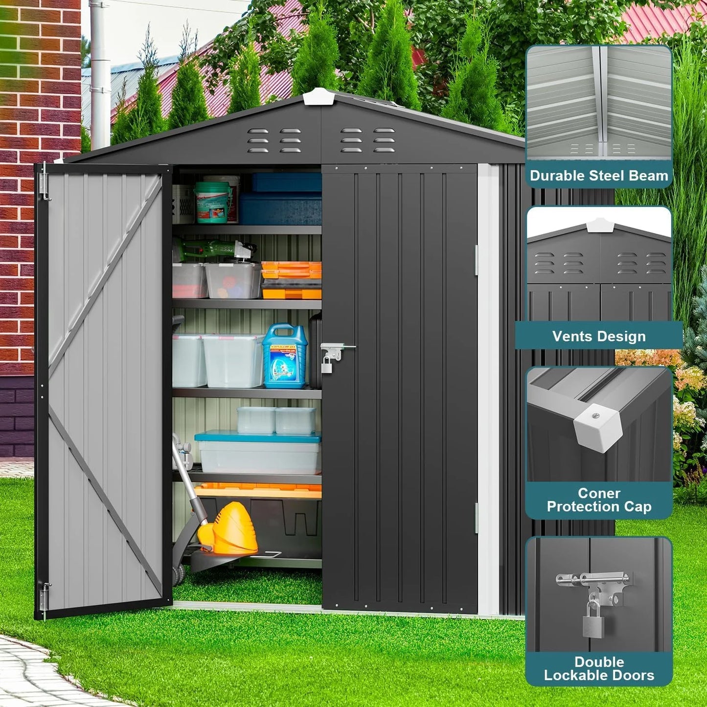 Lofka 6 x 4 FT Galvanized Metal Outdoor Storage Shed with Double Lockable Doors and Air Vents for Patio, Garden, Backyard, Lawn, Dark Gray