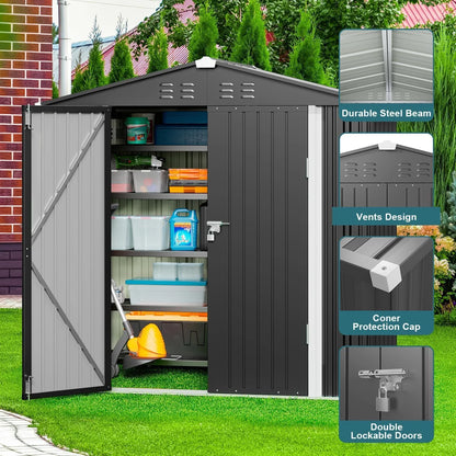 Lofka 6 x 4 FT Galvanized Metal Outdoor Storage Shed with Double Lockable Doors and Air Vents for Patio, Garden, Backyard, Lawn, Dark Gray