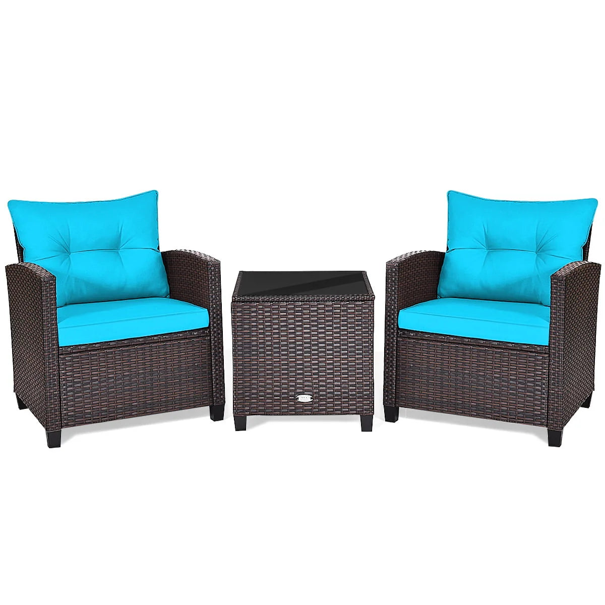 Patiojoy 3 Pieces Wicker Cushioned Conversation Set Outdoor Rattan Furniture with Turquoise Cushions