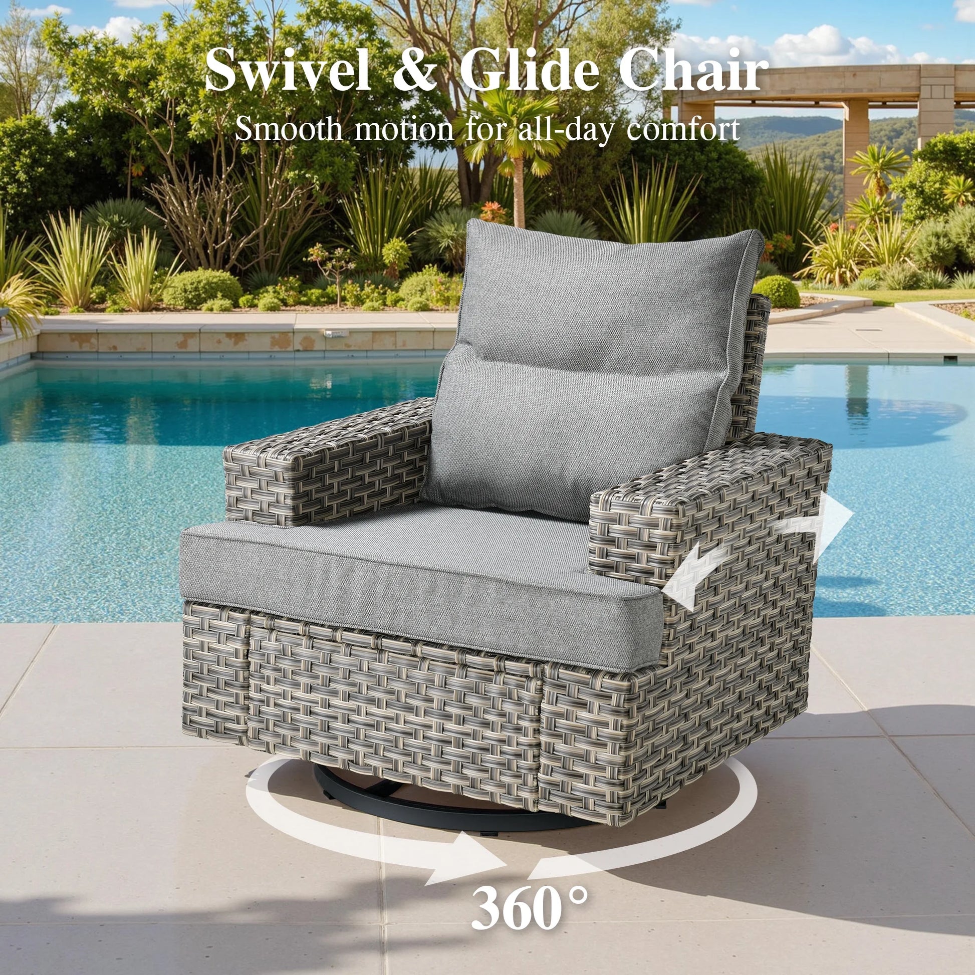 Ovios 10 Pieces Outdoor Patio Furniture Modern High-Back All-Weather Wicker Sectional Conversation Set with Propane Fire Pit Table & Swivel Chair, Dark Gray