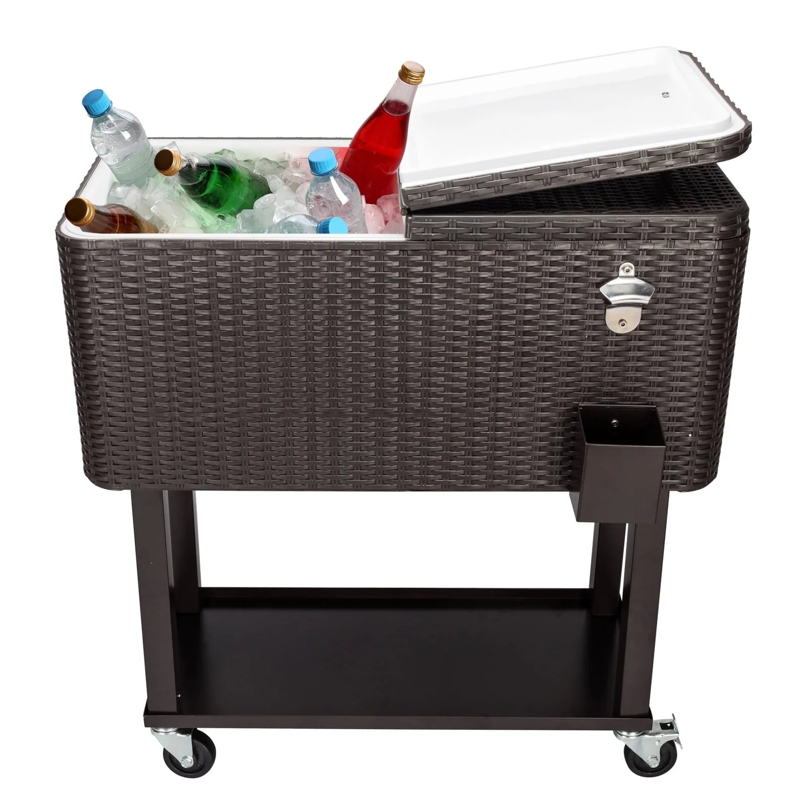 CAIHONG 80 Quart Rolling Ice Chest on Wheels, Portable Party Bar Cold Drink Beverage Cart Tub for Outdoor Patio Deck, Dark Brown Wicker Faux Rattan Tub Trolley, 34.25 x 15.16 x 34.25"