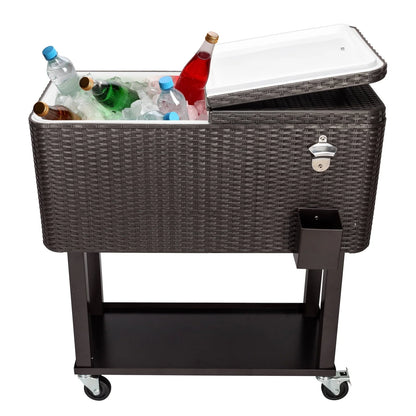 CAIHONG 80 Quart Rolling Ice Chest on Wheels, Portable Party Bar Cold Drink Beverage Cart Tub for Outdoor Patio Deck, Dark Brown Wicker Faux Rattan Tub Trolley, 34.25 x 15.16 x 34.25"
