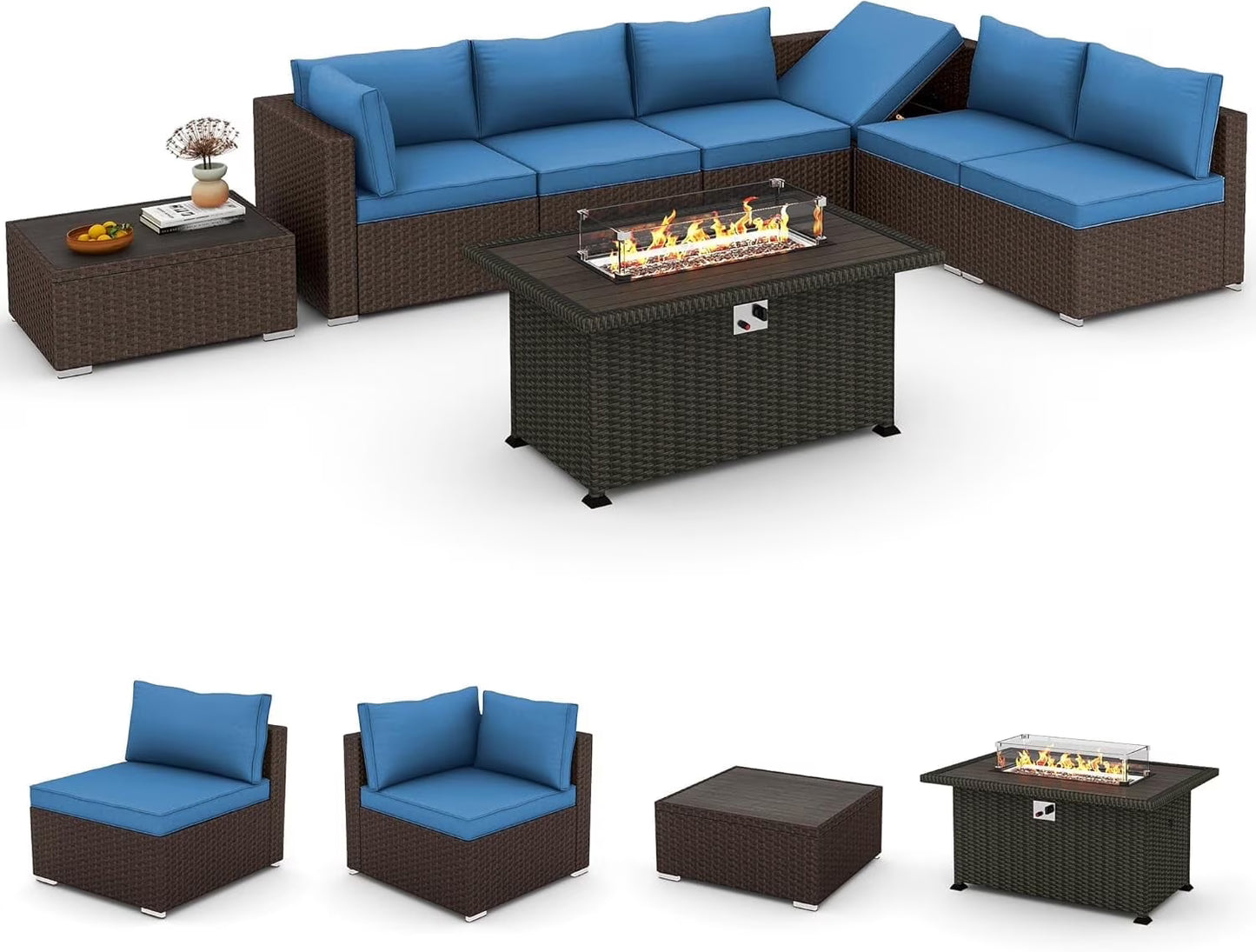 HOMREST 7 Pieces Outdoor Patio Furniture Set with 44" Propane Fire Pit Table, PE Rattan Sectional Sofa Conversation Set w/Adjustable Bracket,Wood Coffee Table for BackyardGrey