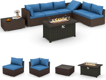 HOMREST 7 Pieces Outdoor Patio Furniture Set with 44" Propane Fire Pit Table, PE Rattan Sectional Sofa Conversation Set w/Adjustable Bracket,Wood Coffee Table for BackyardGrey