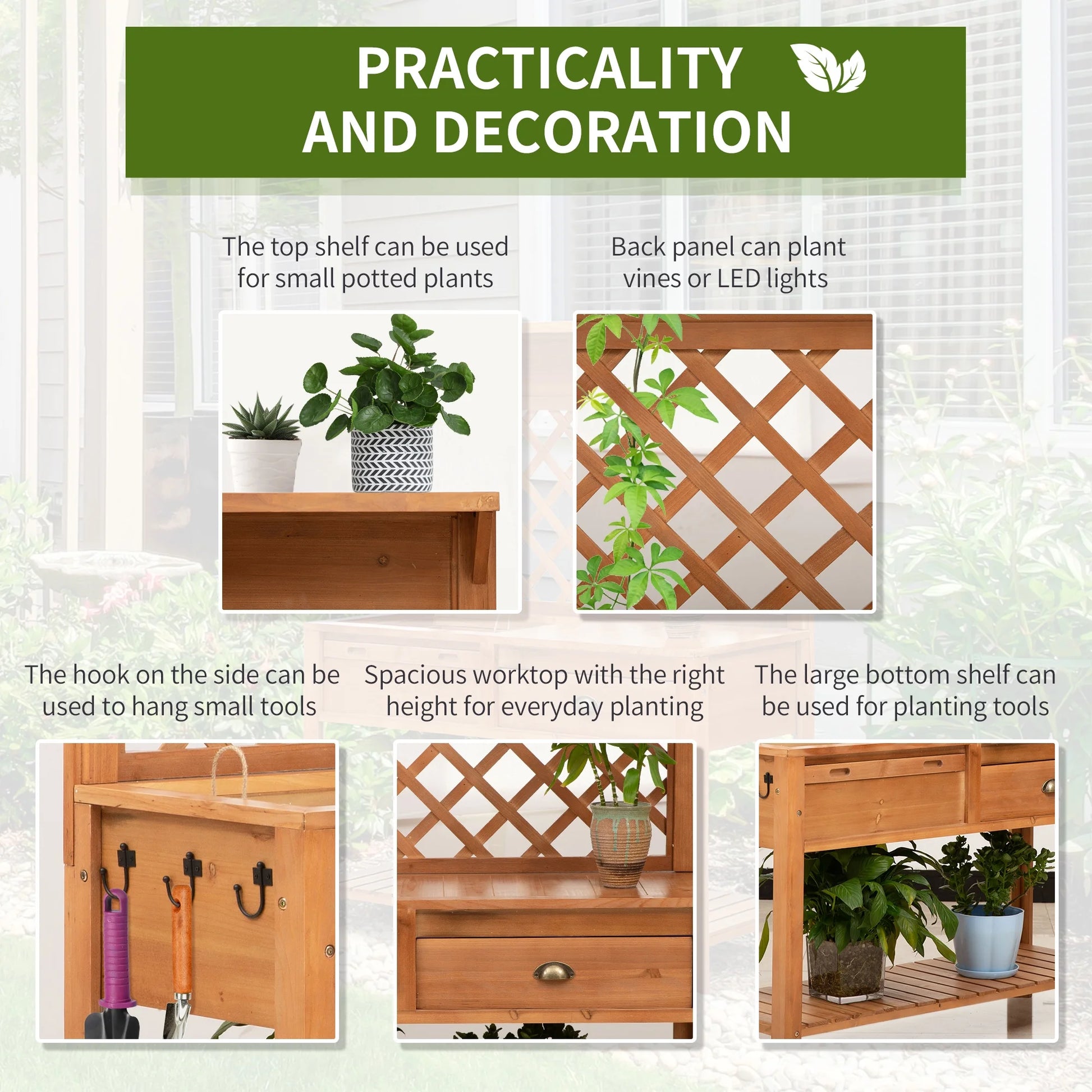 Outsunny Garden Potting Bench, Outdoor Wooden Workstation Table w/Metal Screen, Drawer, Hooks, Storage Shelf, and Lattice Back for Patio and Porch