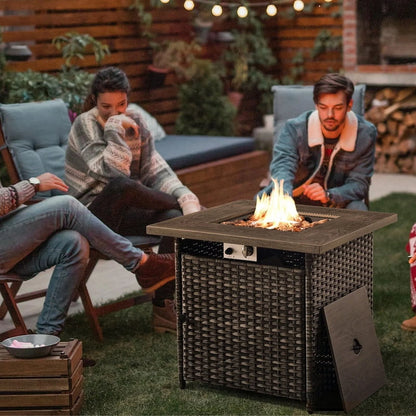 PARKWELL Outdoor Fire Pit 30" Square 50000 BTU Patio Propane Gas Fire Pit Table with Lava Rocks and Lid,Brown Wicker Firepit Faux Wood Tabletop
