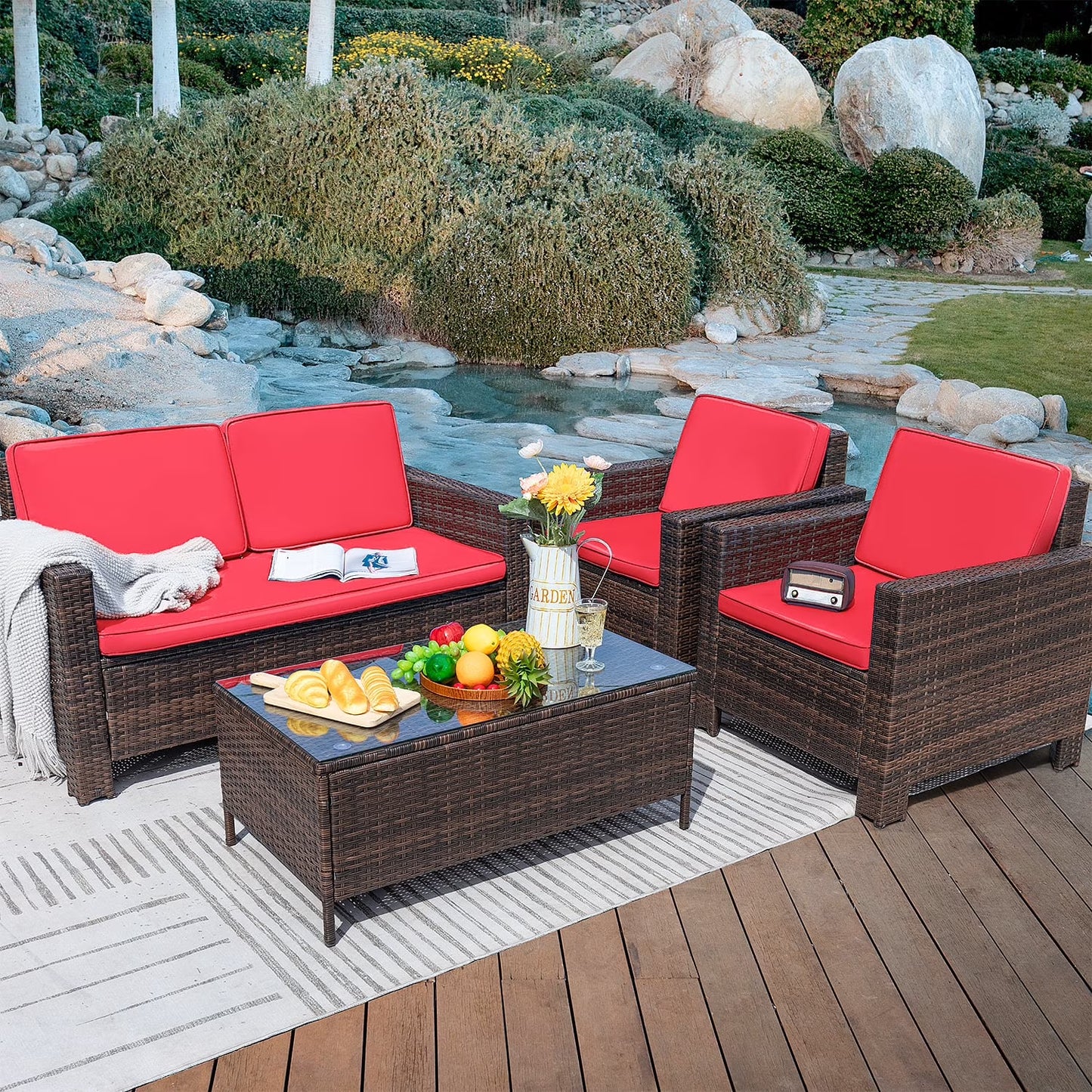 Lacoo 4 Pieces Patio Furniture Sets Rattan Chair Wicker Conversation Sofa Set Outdoor Tble and Chairs for Backyard Porch Garden Poolside Balcony, White