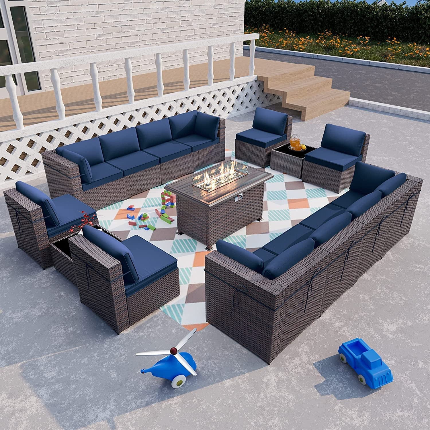 Gotland 15 Pieces Outdoor Patio Furniture Set with Propane Fire Pit Table Outdoor Sectional Sofa Sets Patio Furniture 43" Gas Fire Pit PE Rattan Patio Conversation Set (Navy Blue)
