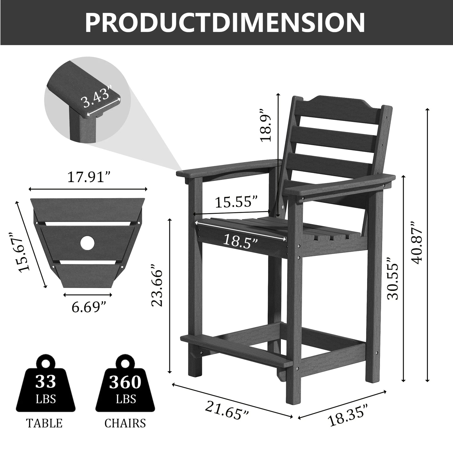 Decksplore Tall Adirondack Chairs Set of 6 with Detachable Connecting Tray, HDPE Bar Height Outdoor Chairs, Wood-Like Adirondack Bar Stools for Patio, Balcony, Porch, Black brown