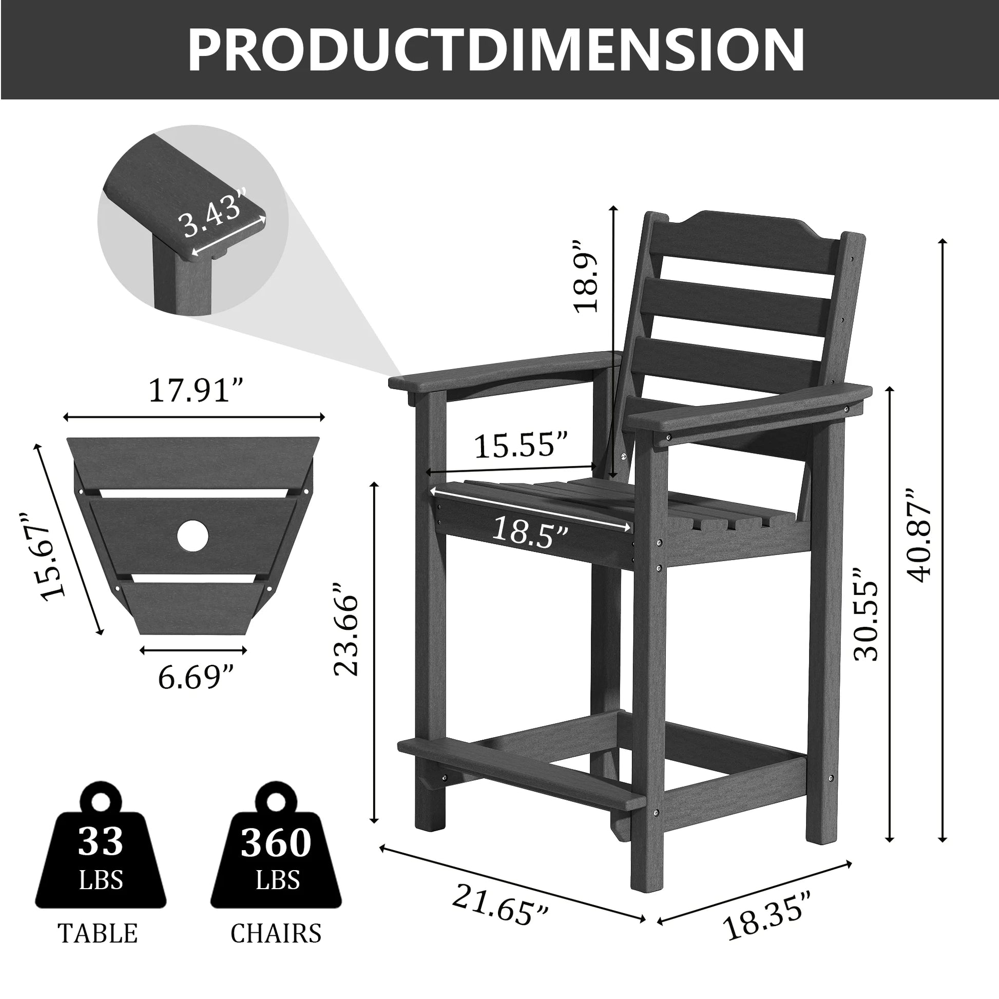 Decksplore Tall Adirondack Chairs Set of 6 with Detachable Connecting Tray, HDPE Bar Height Outdoor Chairs, Wood-Like Adirondack Bar Stools for Patio, Balcony, Porch, Black brown