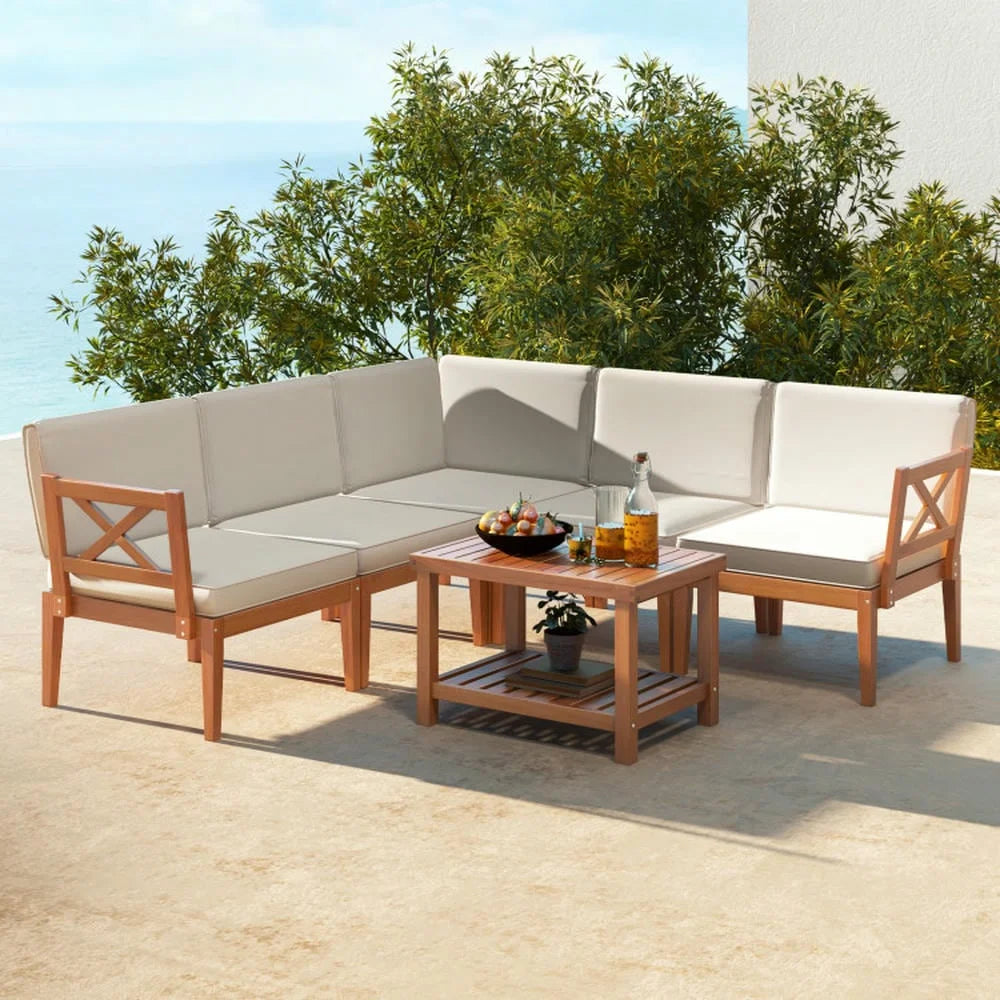 Kepooman Outdoor Conversation Sets,Patio Furniture Sets,6 Pieces Acacia Wood Patio Furniture Set with Cushions and 2-Tier Coffee Table-White