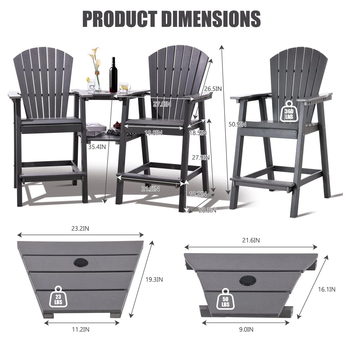 Tall Adirondack Chairs Set of 2,Outdoor Adirondack Barstools with Double Connecting Tray Patio Stools Weather Resistant for Outdoor Deck Lawn Pool Backyard,Grey