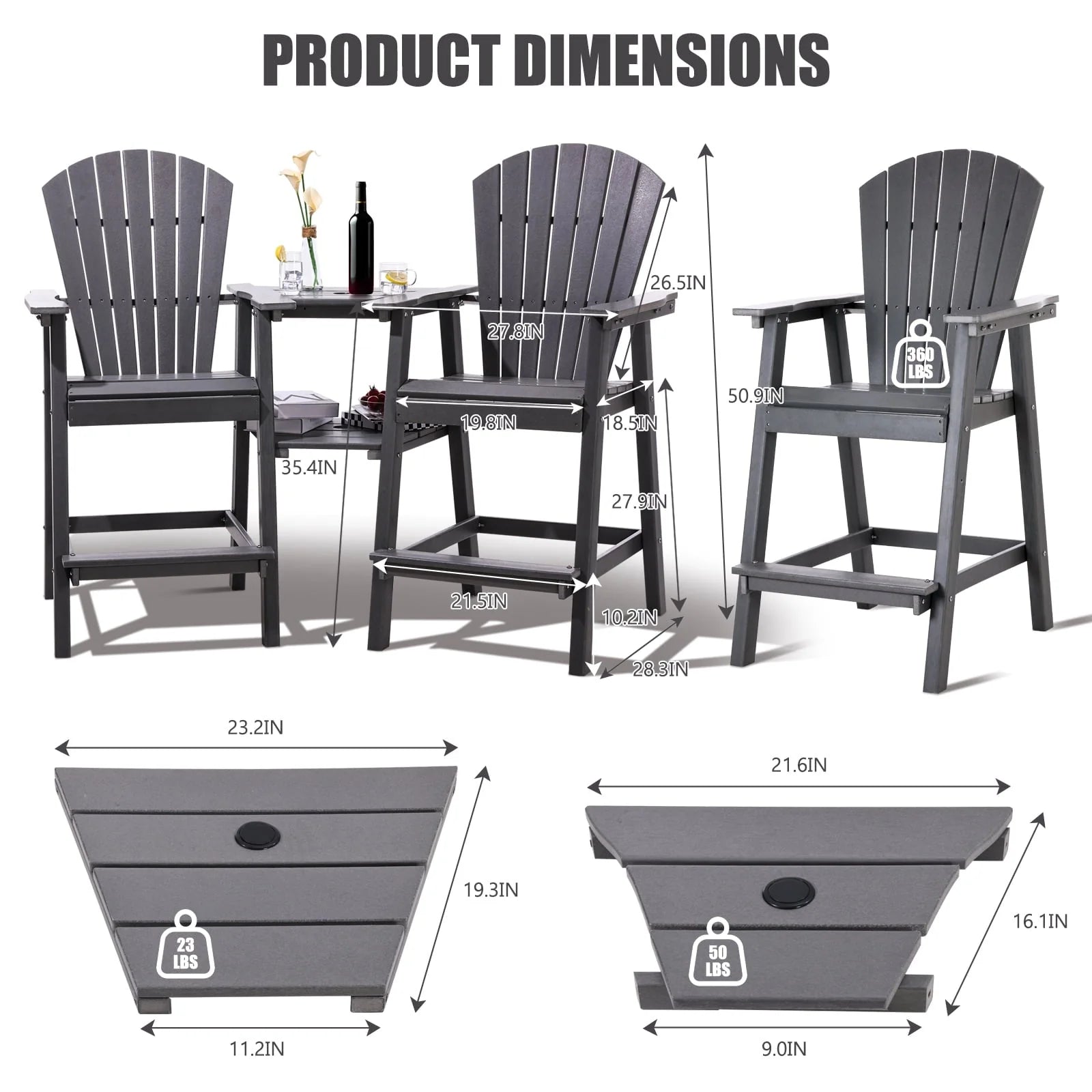 Tall Adirondack Chairs Set of 2,Outdoor Adirondack Barstools with Double Connecting Tray Patio Stools Weather Resistant for Outdoor Deck Lawn Pool Backyard,Grey