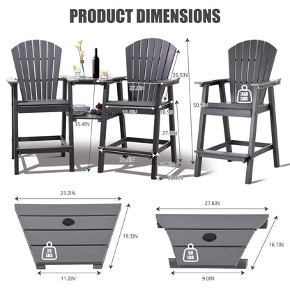 Tall Adirondack Chairs Set of 2,Outdoor Adirondack Barstools with Double Connecting Tray Patio Stools Weather Resistant for Outdoor Deck Lawn Pool Backyard,Grey