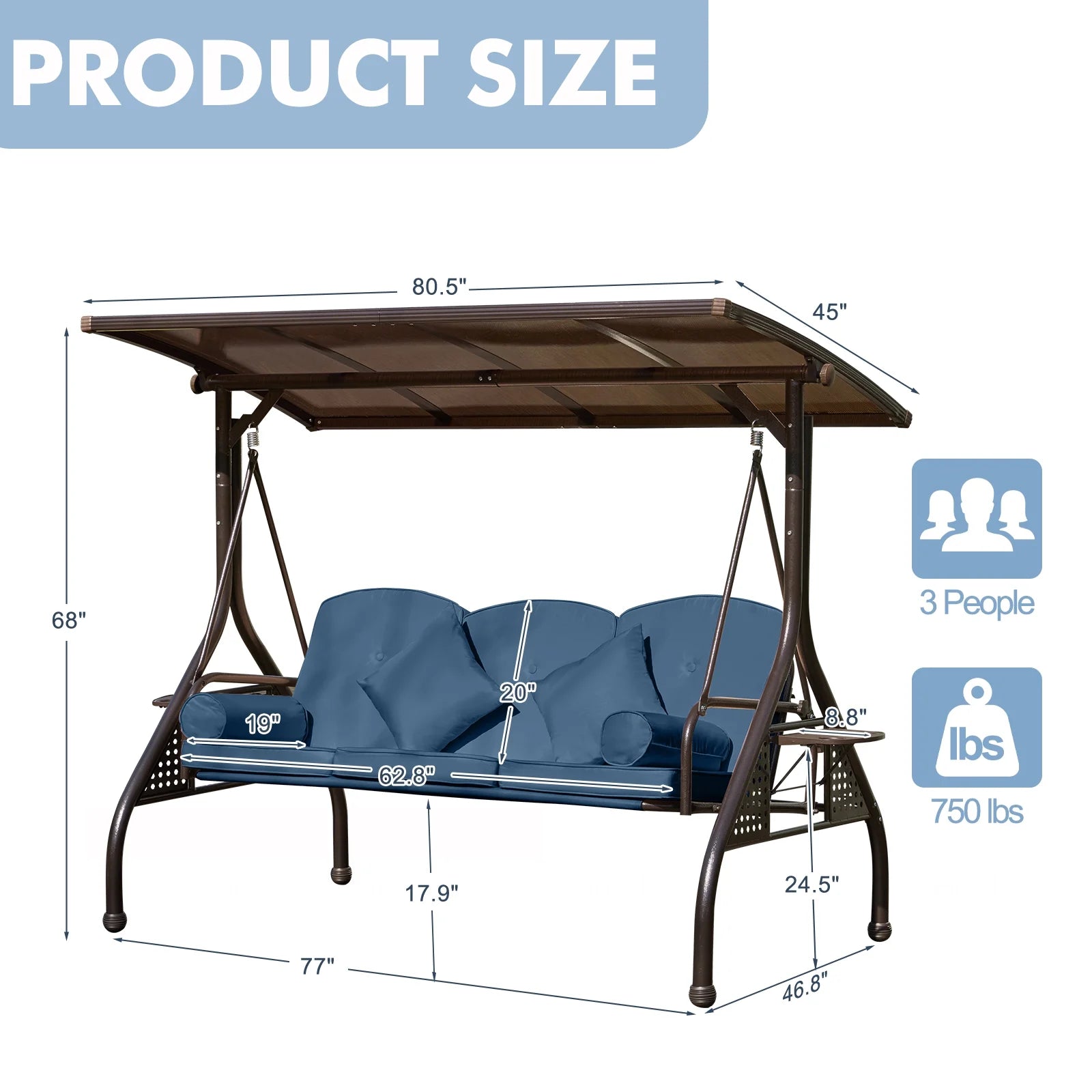 3-Seat Patio Porch Swing with Adjustable Hardtop,3 in 1 Convertible Outdoor Porch Swing for Adults,Patio Swing with Thicken Cushion,Pillows & Cup Holders for Porch,Backyard,Garden (Blue)