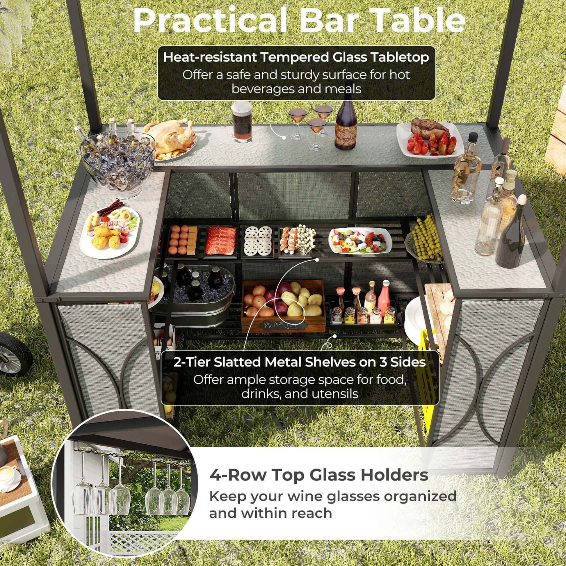 Costway 3 PCS Patio Bar Set with Tempered Glass Bar Table Metal Storage Shelves for Garden Grey