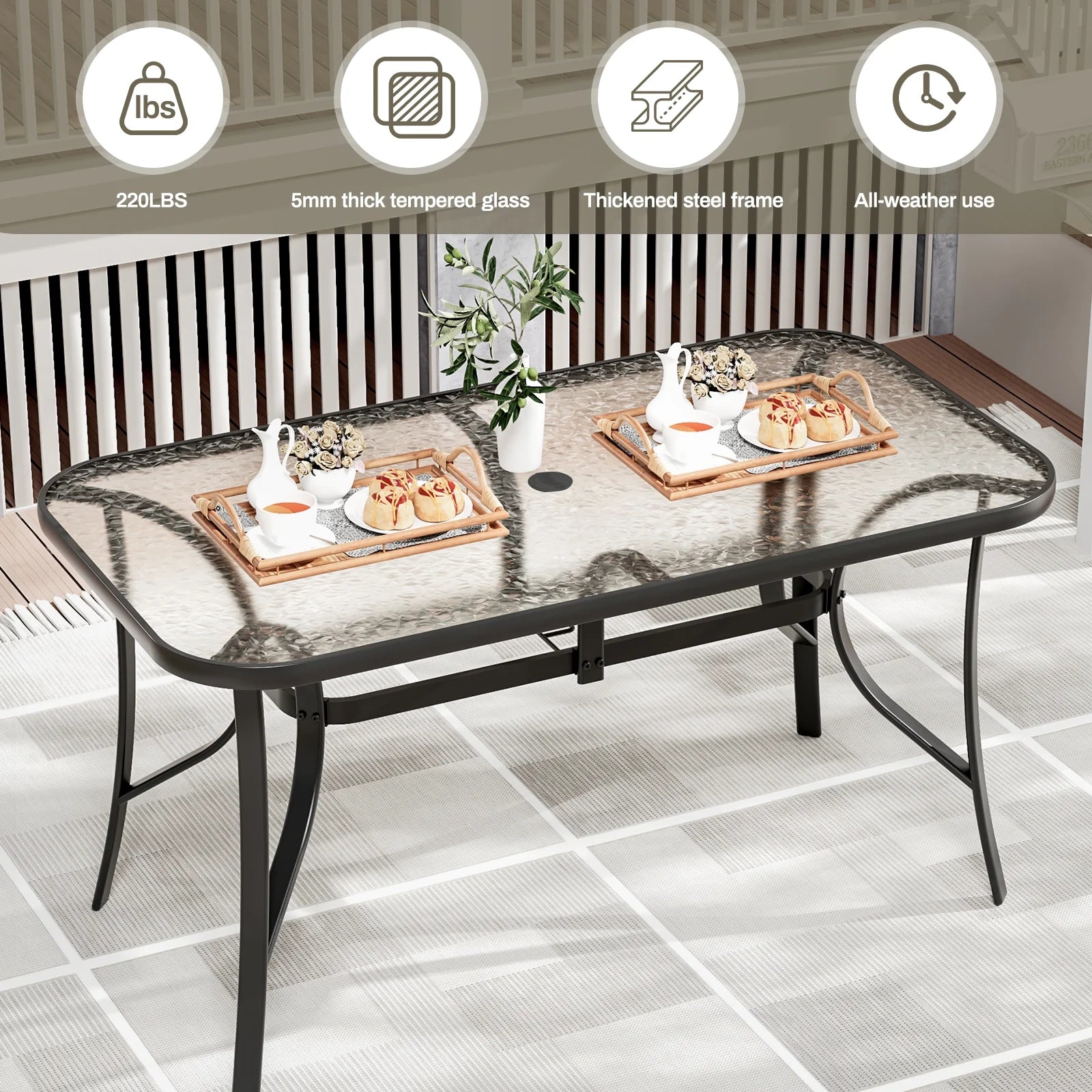 Pirecart Outdoor Glass Table with Umbrella Hole, Patio Dining Table for 6, for Garden, Balcony, Backyard, Poolside, Lawn, Gray