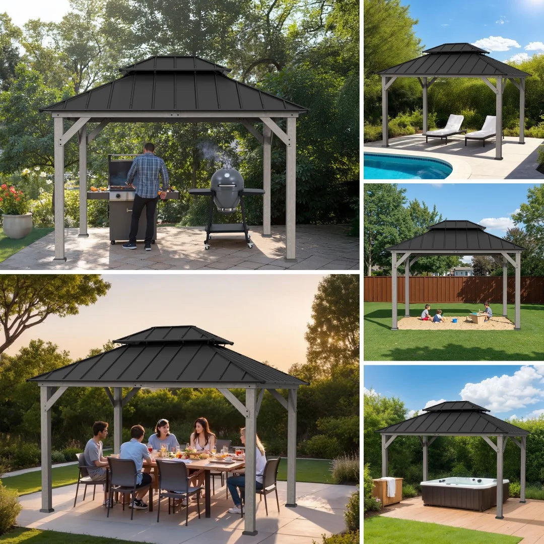 SUNJOY 10 x 12 ft. Wood Gazebo, Outdoor Patio Steel Hardtop Gazebo, Cedar Framed Wooden Gazebo with 2-Tier Metal Roof, Suitable for Patios, Lawn and Backyard, Matte Black Roof + Gray Wood Frame
