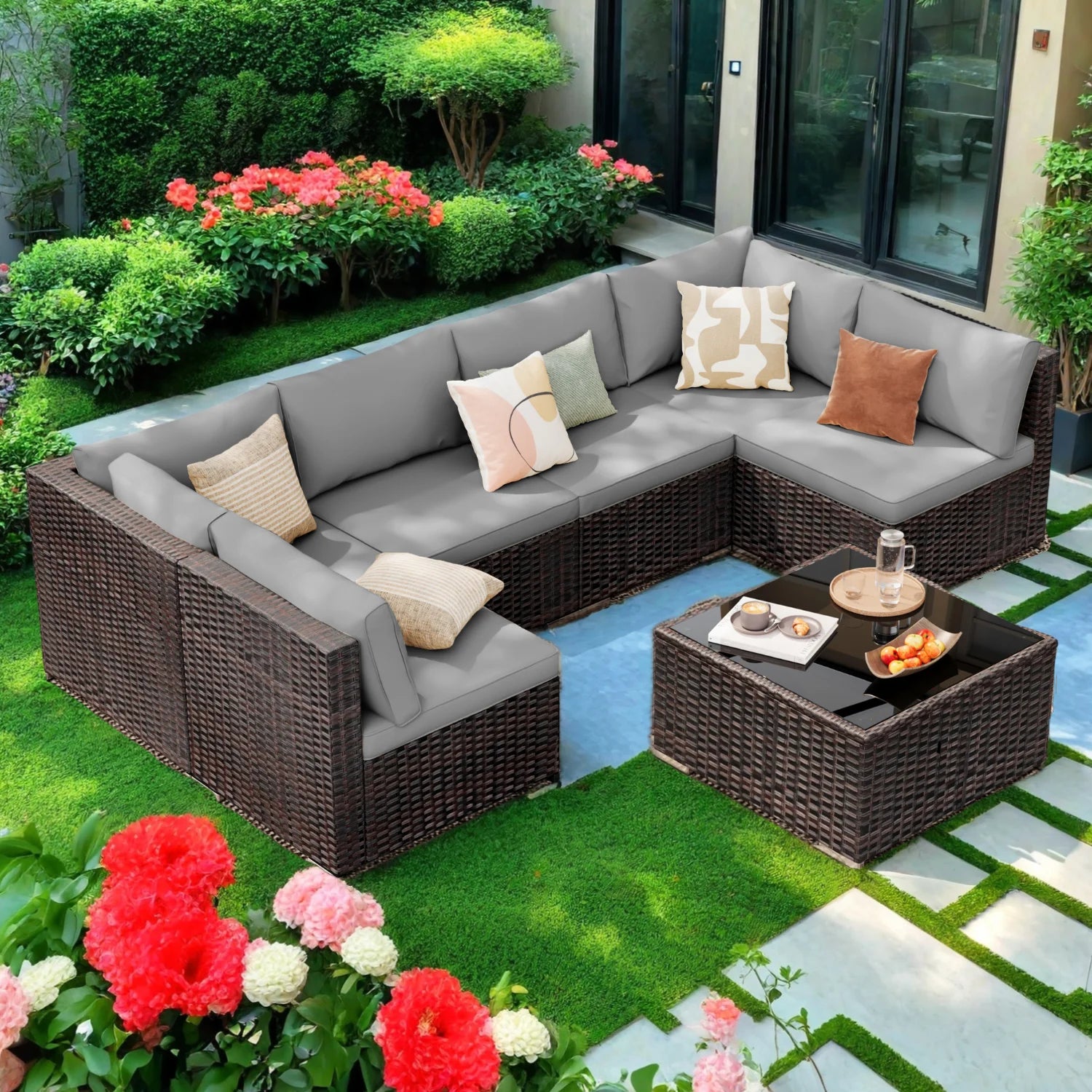 Patio Furniture Set, Lofka 7 Piece Outdoor Sectional Furniture Chair Set with Cushions and Coffee Table, Gray