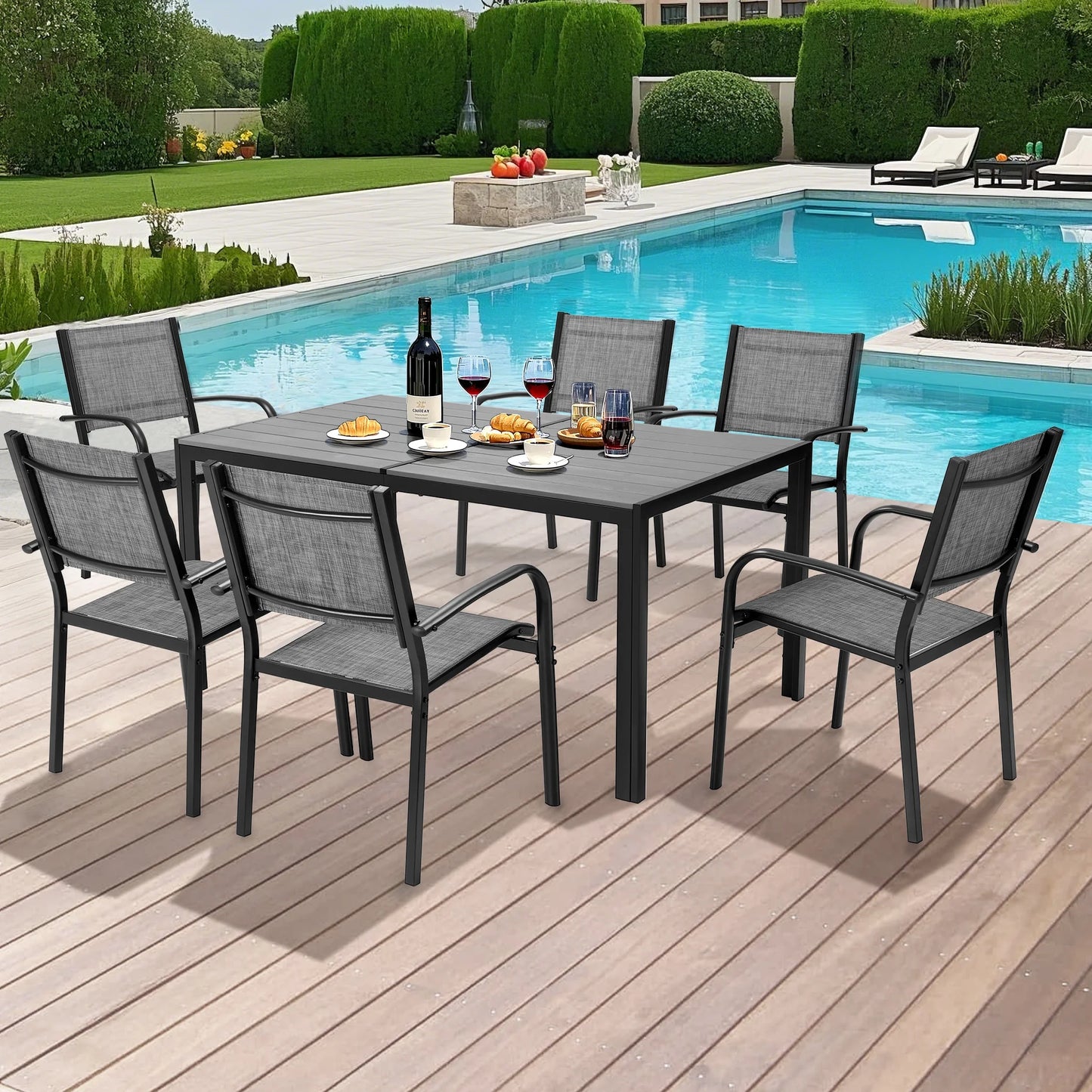 Patio Dining Set of 7, Outdoor Table and Chairs Textilene Design, Patio Furniture with Rectangle Plastic-wood Table, Space-saving Dining Table Set Stackable Design, Gray