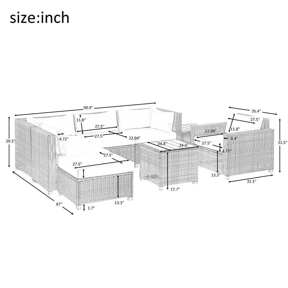 8 Piece Patio Outdoor Furniture Set, PE Rattan Sectional Sofa Set with 2 Tea Tables, Ottoman & Washable Cushions, All-Weather Wicker Conversation Couch Set for Patio, Deck, Garden, Backyard, K2460