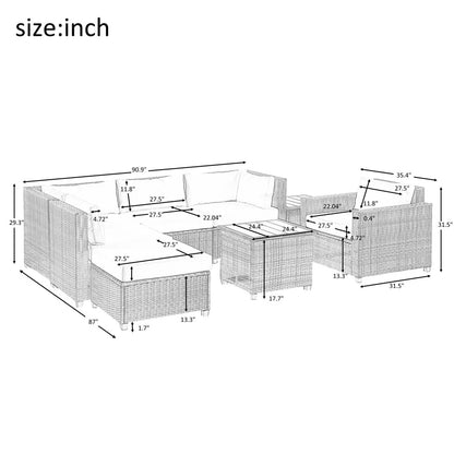 8 Piece Patio Outdoor Furniture Set, PE Rattan Sectional Sofa Set with 2 Tea Tables, Ottoman & Washable Cushions, All-Weather Wicker Conversation Couch Set for Patio, Deck, Garden, Backyard, K2460