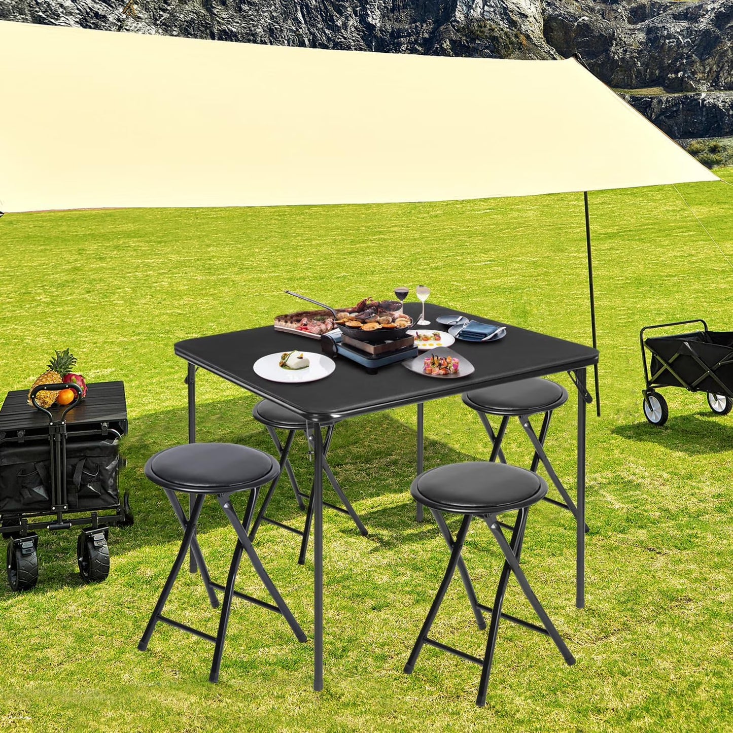 **5-piece folding table and chair set for 4, space-saving square card table with 4 stools, no assembly required, ideal for small spaces, home, patio, and outdoor use, black