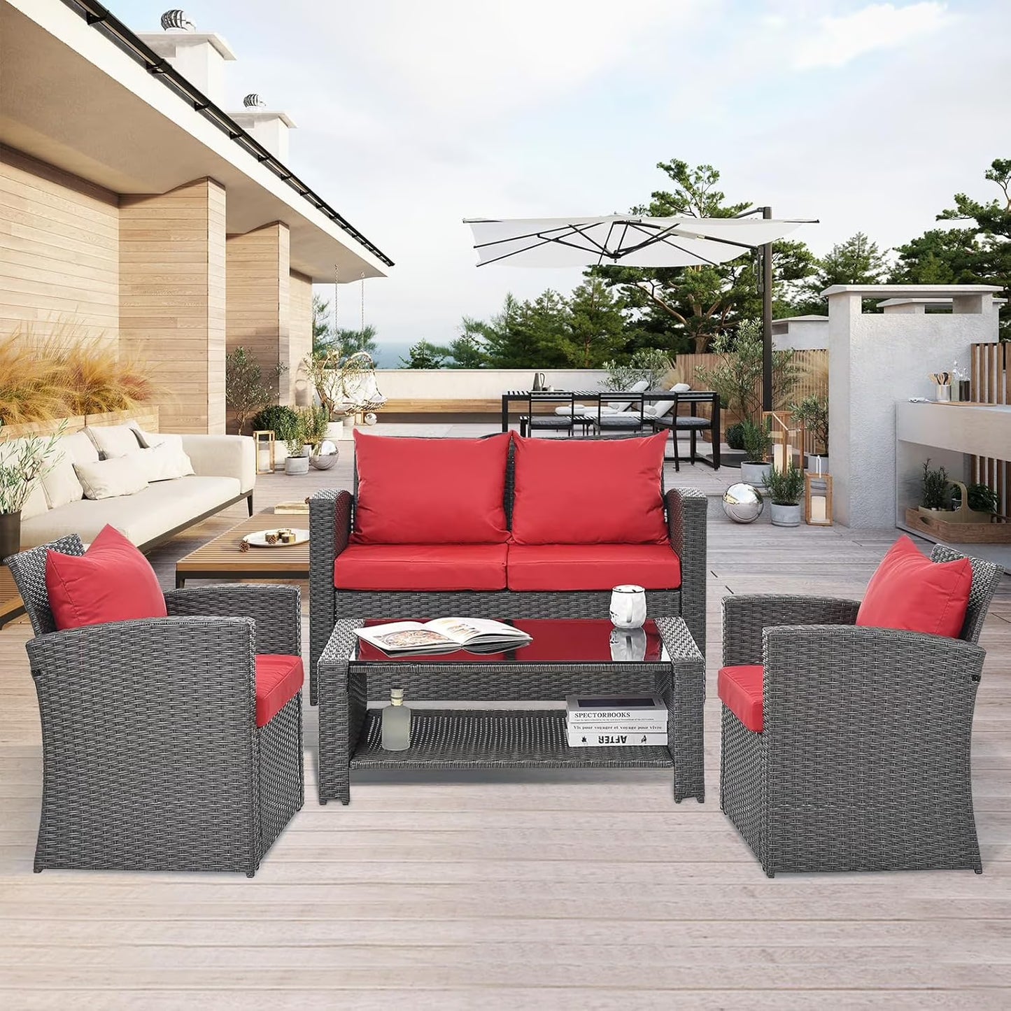 HighSound 4 Piece Patio Furniture Set, Outdoor Wicker Patio Sectional Sofa, All Weather PE Rattan Outdoor Sectional with Cushions & Coffee Table, Dark Gray