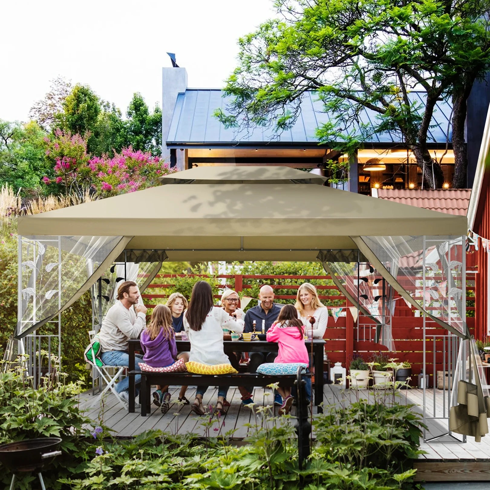 Hoteel 10'x 13' Metal Patio Gazebo, Outdoor Gazebo Canopy Tent for Backyard with Mosquito Netting, Gazebos Shelter with Steel Frame, Patio Covers for Shade and Rain, Khaki