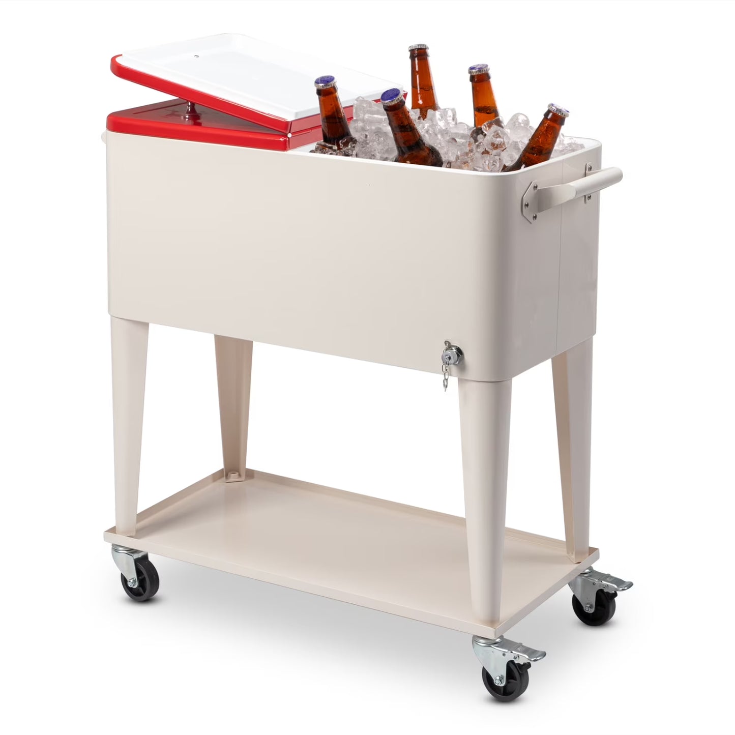80 QT Rectangular Rolling Cooler Cart with Wheels, Portable Ice Chest with Bottle Opener and Storage Shelf, Outdoor Beverage Cart Ice Chest Cart for Patio Party, Picnic, BBQ, Camping, Red &White