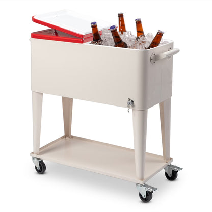 80 QT Rectangular Rolling Cooler Cart with Wheels, Portable Ice Chest with Bottle Opener and Storage Shelf, Outdoor Beverage Cart Ice Chest Cart for Patio Party, Picnic, BBQ, Camping, Red &White