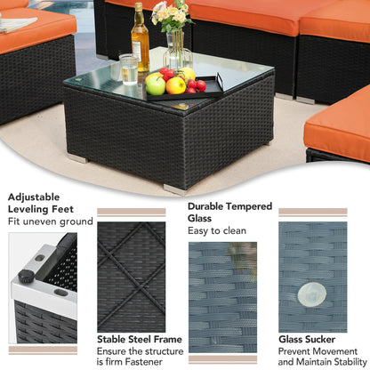 Olmia 7 Piece Patio Furniture sets PE Rattan Wicker Sectional Sofa Set, with Tea Table and Washable Couch Cushions, for Garden Poolside& Patio, Black+Orange