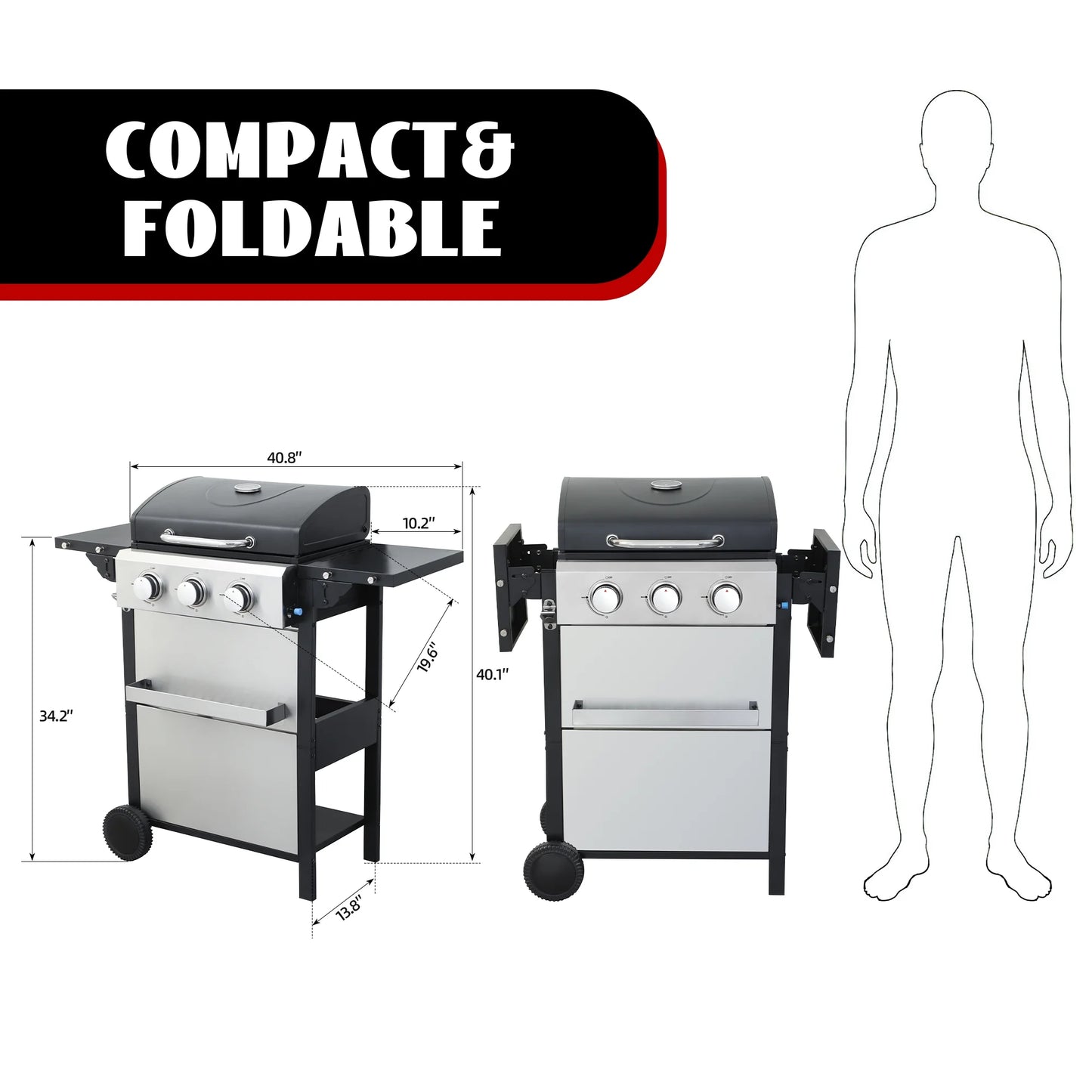 3-Burner Propane Gas Grill with 2 Foldable Side Tables, 30,000 BTU Outdoor BBQ Stainless Steel Grill with Porcelain-Enameled Cast Iron Grates and Thermometer, Easy Assembly for Patio, Backyard BBQ