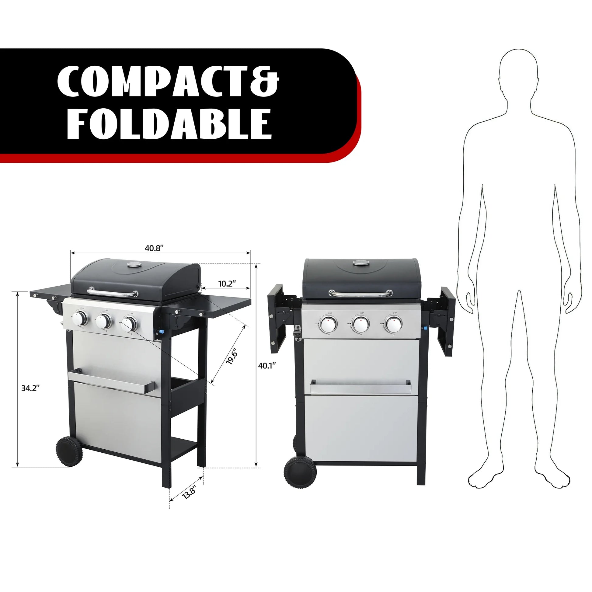3-Burner Propane Gas Grill with 2 Foldable Side Tables, 30,000 BTU Outdoor BBQ Stainless Steel Grill with Porcelain-Enameled Cast Iron Grates and Thermometer, Easy Assembly for Patio, Backyard BBQ