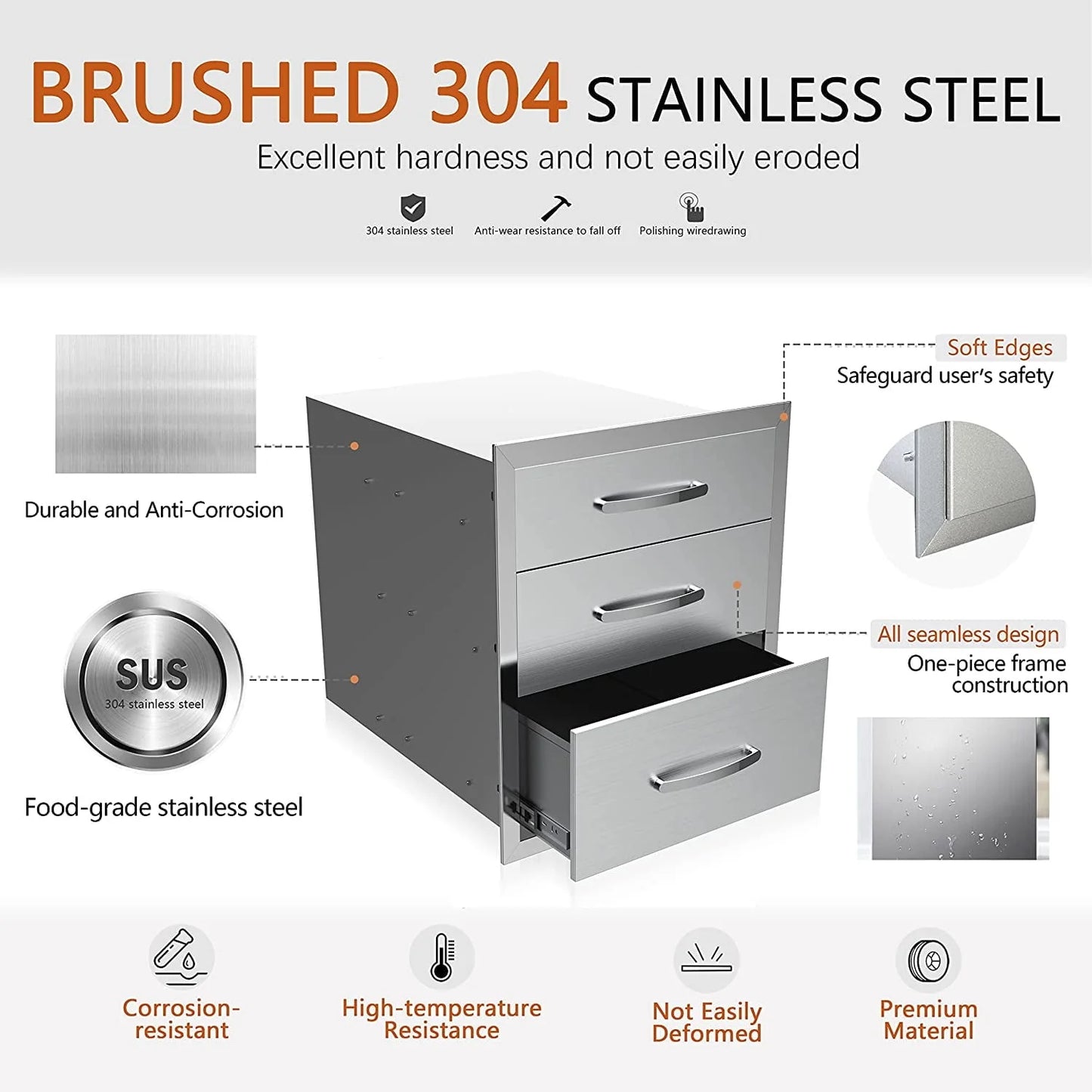 Outdoor Kitchen Drawers 14" W x 21" H x 23" D, Flush Mount Triple Access BBQ Drawers,BBQ Island Drawers for Outdoor Kitchens or BBQ Island Patio Grill Station
