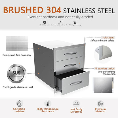 Outdoor Kitchen Drawers 14" W x 21" H x 23" D, Flush Mount Triple Access BBQ Drawers,BBQ Island Drawers for Outdoor Kitchens or BBQ Island Patio Grill Station