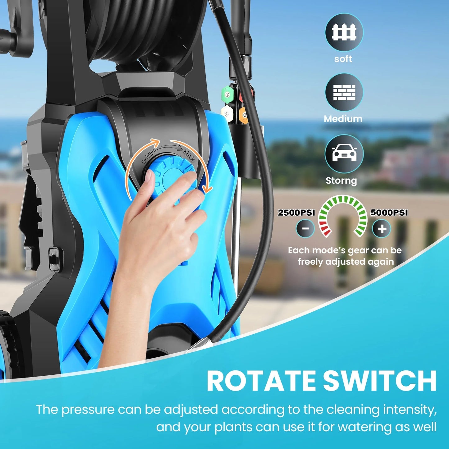 5000 Psi Electric Pressure Washer, 2.8 Gpm Power Washer with 33FT Extension Hose Reel, Pressure Adjustable (2500PSI-5000PSI), 4 Quick Connect Nozzles and Foam Cannon for Car/Fence/Patio(Blue)