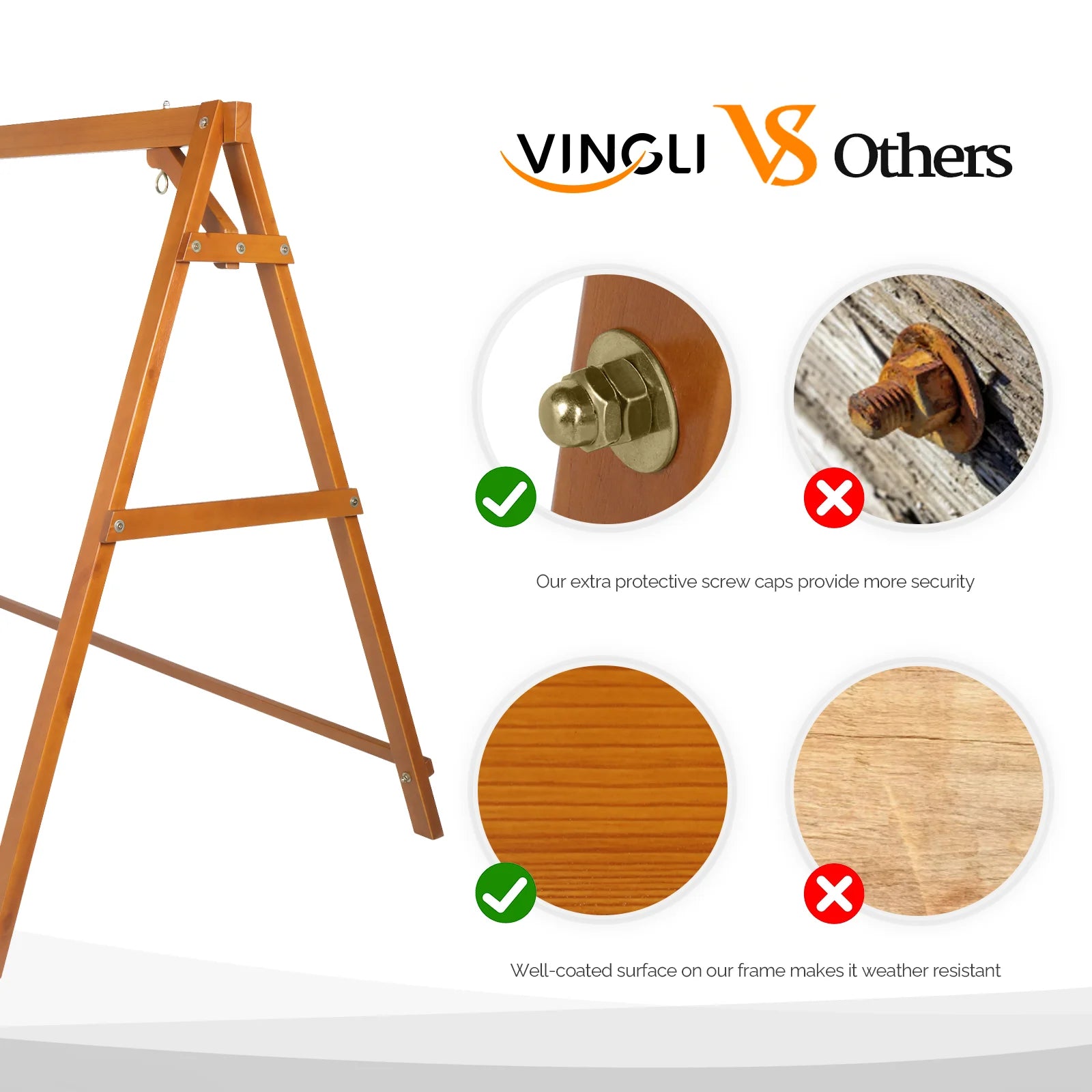 VINGLI Heavy Duty Patio Porch Swing Stand Support 660 LBS A-Frame Design, Solid Fir Wood, 5FT Brown
