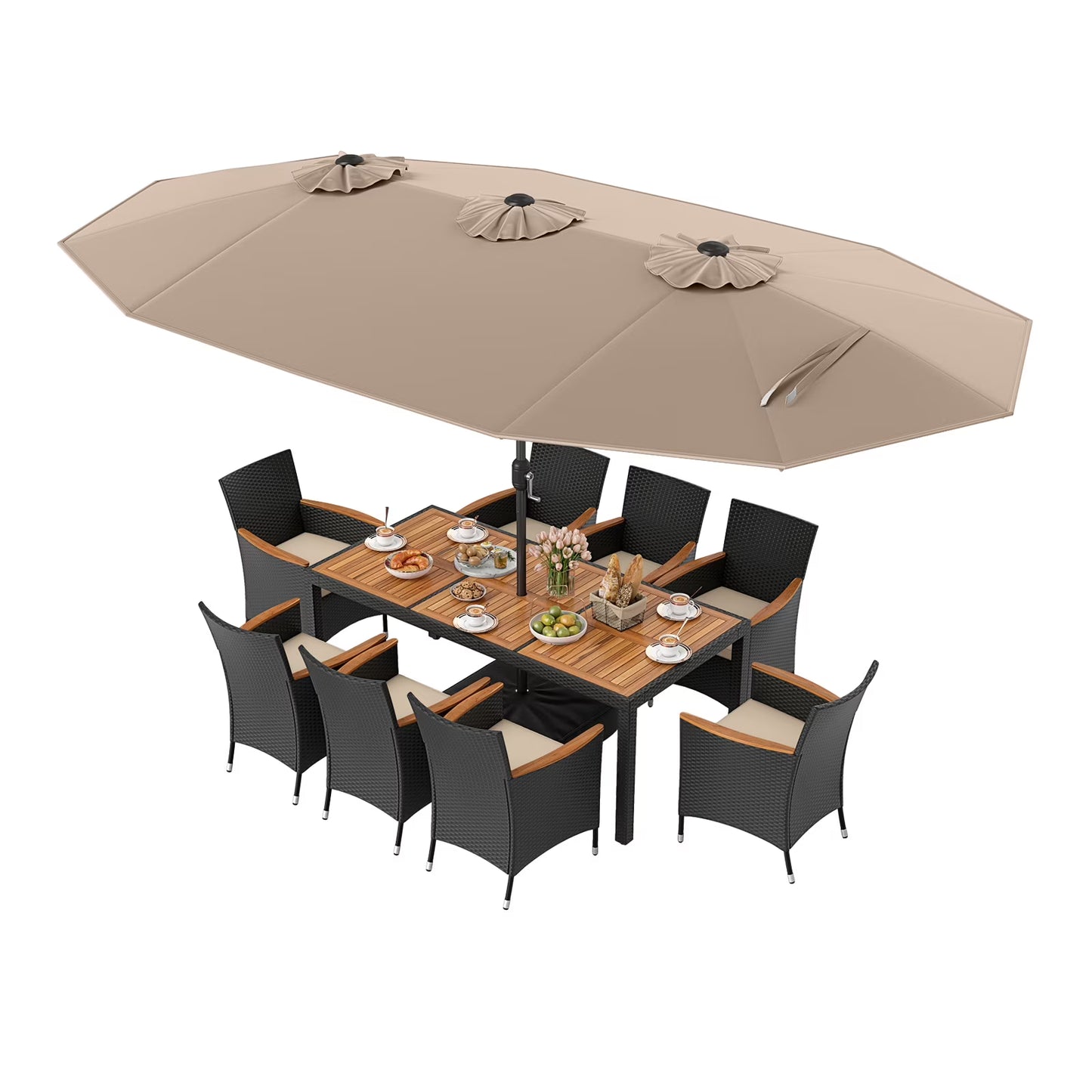 Costway 11 PCS Patio Wicker Dining Set with Double-Sided Outdoor Umbrella 8 Chairs Orange