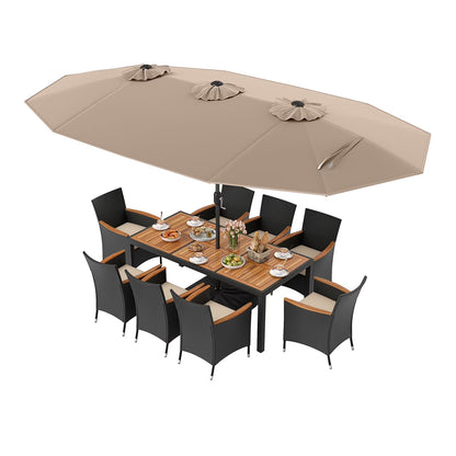 Costway 11 PCS Patio Wicker Dining Set with Double-Sided Outdoor Umbrella 8 Chairs Orange