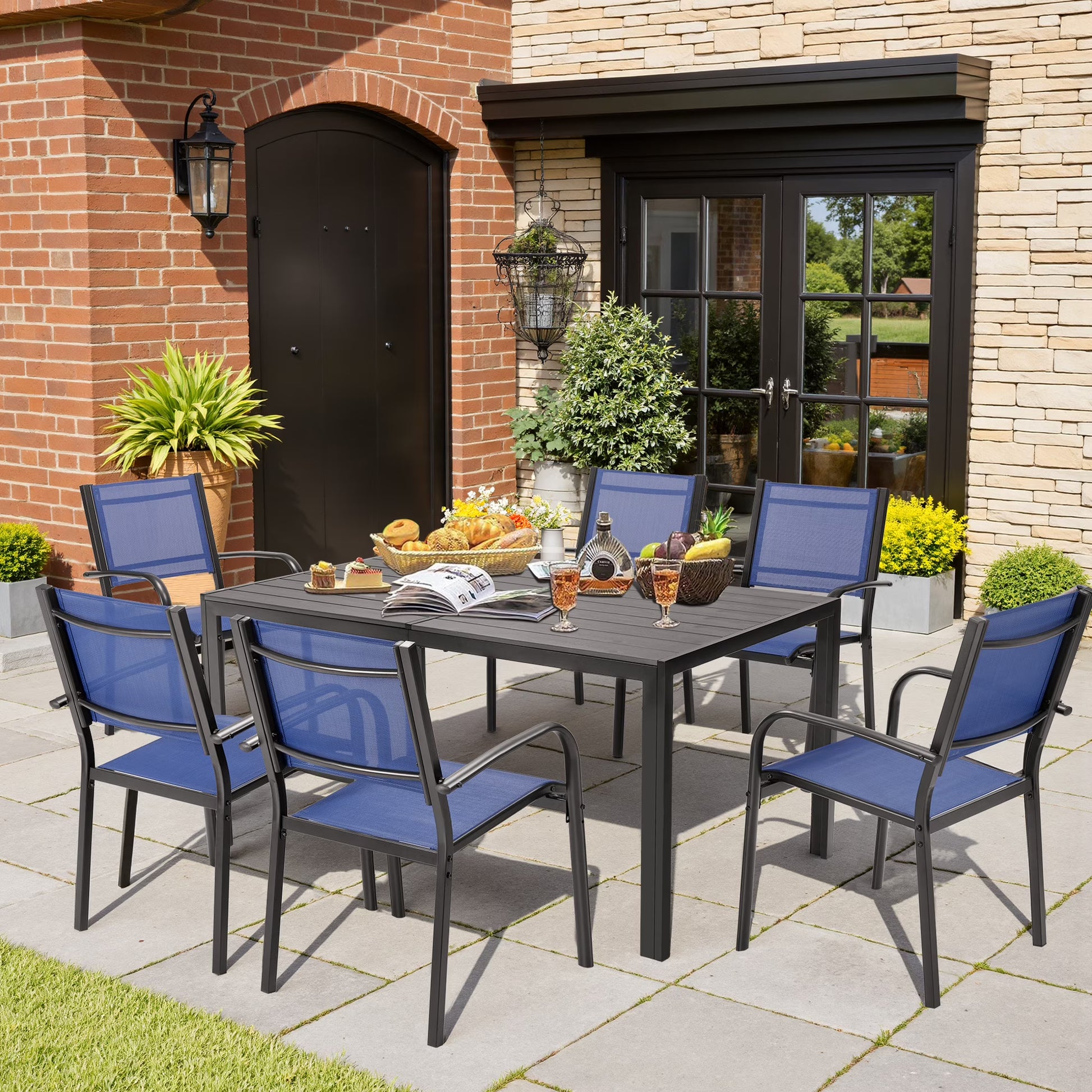 7 Piece Outdoor Dining Set, Patio Dining Table Set for 6 Persons, Garden Patio Textilene Dining Furniture Set with Plastic-Wood Tabletop, Dining Table Chairs Conversation Set for Deck Patio