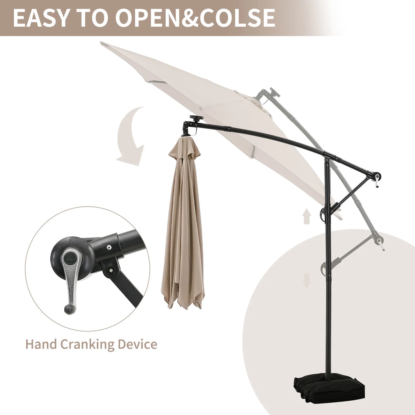 Ainfox 10ft Cantilever Patio Umbrella with Lights, Offset Market Umbrella with Sandbags Weighted Base and Cross Base,Khaki