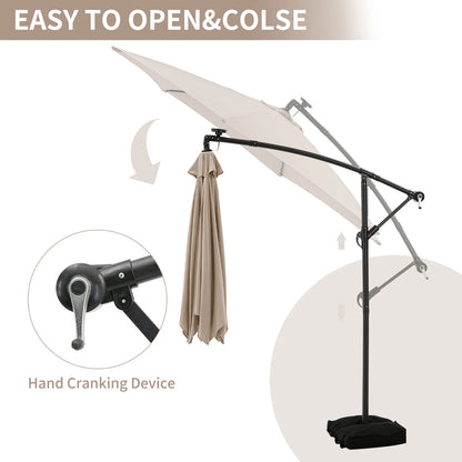 Ainfox 10ft Cantilever Patio Umbrella with Lights, Offset Market Umbrella with Sandbags Weighted Base and Cross Base,Khaki